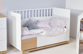 Baby room NOMI: Cot/Toddler bed 70x140 with drawer | House bookcase | 2-door wardrobe | 3-drawer changing table | Leaf enlarger