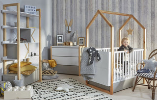 Baby room PINETTE: Cot 70x140/Junior bed 70x160 with drawer | 2-door wardrobe | 3-drawer changing table | Leaf enlarger grey | mattress